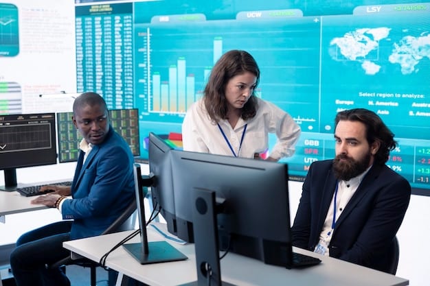 A diverse team of financial analysts in a modern open-plan office in Porto, Portugal, collaborating on a large interactive screen displaying real-time market data and analytics dashboards.