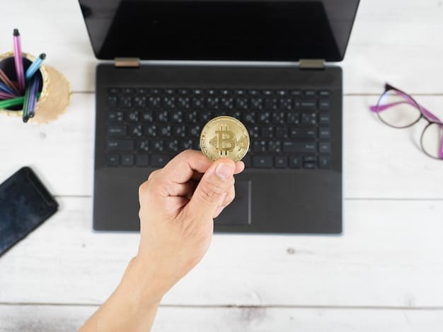 A close-up shot of a person's hands using a laptop with a cryptocurrency trading platform interface visible on the screen. The focus is on the hands, conveying the active participation in the digital asset market. In the background, there is a blurred view of a modern office space, suggesting a professional trading environment