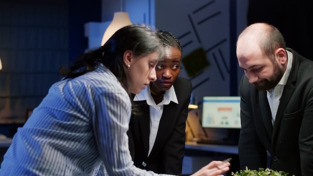 A diverse group of fintech experts discussing ethical considerations around AI algorithms. The scene is dynamic, with charts showing potential biases and fairness metrics alongside legal documents related to data privacy and compliance.