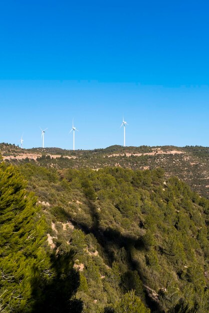 An aerial view of a wind farm in Portugal, with several wind turbines spinning against a clear blue sky. The landscape is green and rolling, with a sense of clean energy and sustainability.