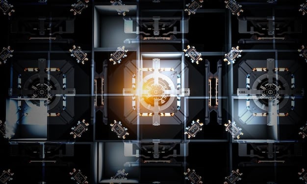A digital representation of a lock overlaid on a bank vault, symbolizing secure financial transactions and data protection in the Fintech sector.