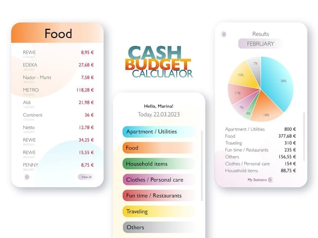 A graphical depiction of a budgeting app interface on a smartphone, showing categories of expenses (e.g., food, transportation, entertainment) with colorful charts and graphs.