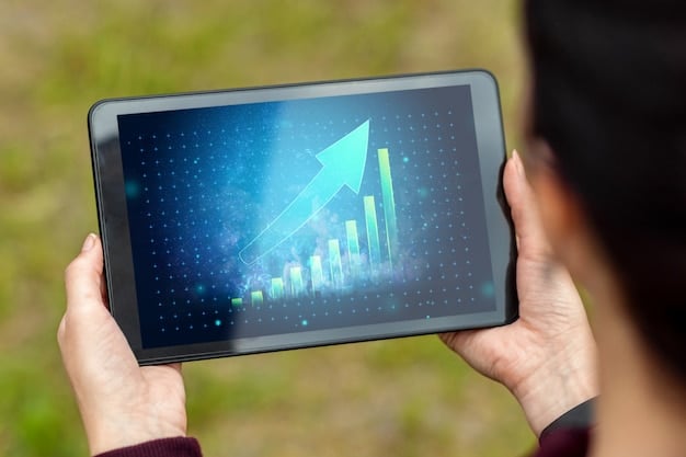 A close-up shot of a person's hands holding a tablet. The tablet displays a stock market chart with upward trending lines. The background is subtly blurred to focus on the screen.