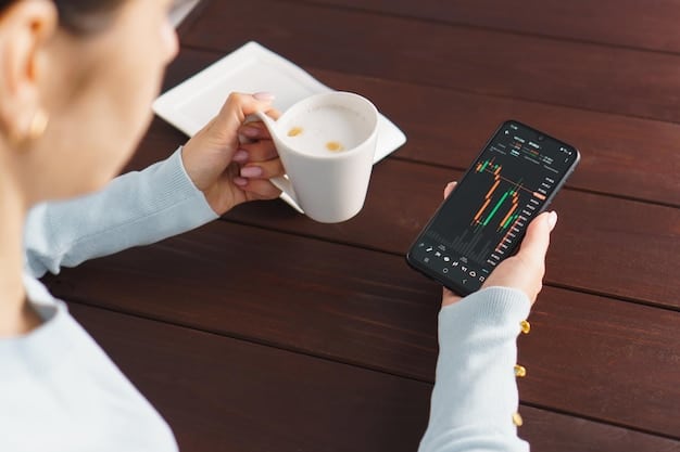 A person using a smartphone to access an investing app, with charts and graphs displayed on the screen. The scene suggests ease of access and convenience in managing investments.
