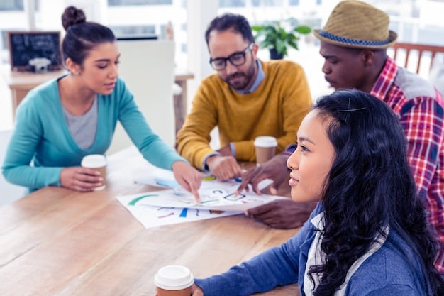 A diverse group of young professionals brainstorming ideas around a table, with sticky notes and charts visible on the walls. The atmosphere is collaborative and innovative, highlighting the teamwork in the fintech startup ecosystem.