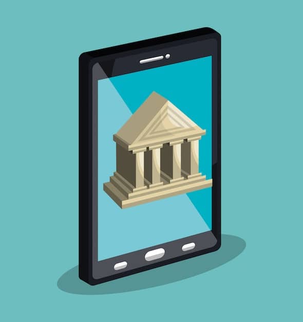 A stylized image of traditional bank buildings merging with modern smartphone interfaces, symbolizing the integration and adaptation required by PSD2.