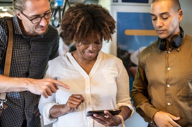 A diverse group of people using smartphones and tablets to access financial services, set against a backdrop of a modern co-working space in Lisbon, emphasizing the digital transformation of finance.