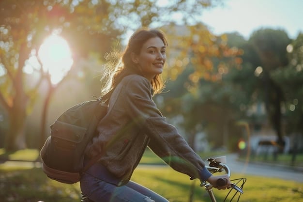 A person riding a bicycle in a city park, with a backpack on and a smile on their face.