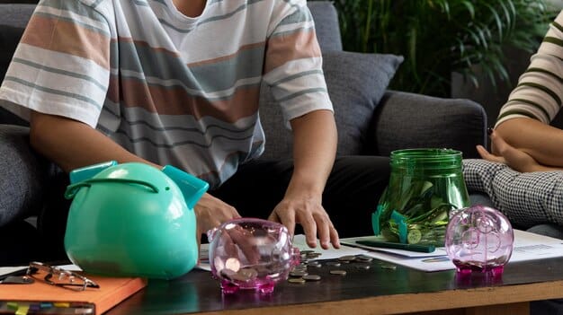 A person putting money into a piggy bank, surrounded by financial documents and a calculator. The scene emphasizes the importance of saving money and planning for the future.
