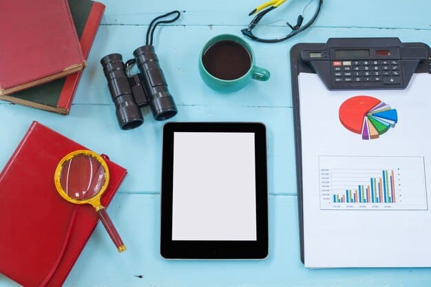An open book with highlighted text about investment strategies, with a calculator and some graphs in the background. The scene is set in a bright, modern office environment.