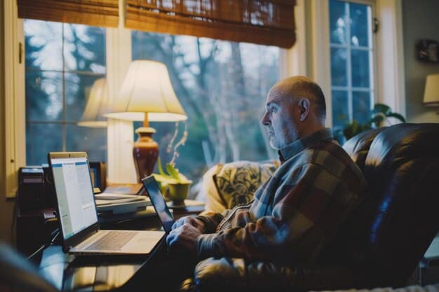 A person working on a laptop in a comfortable, home office setting, illustrating the concept of generating passive income through online ventures.
