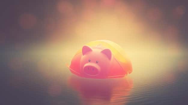 A digital illustration of a piggy bank wearing a superhero cape, standing proudly on a pile of coins with a shield that says 