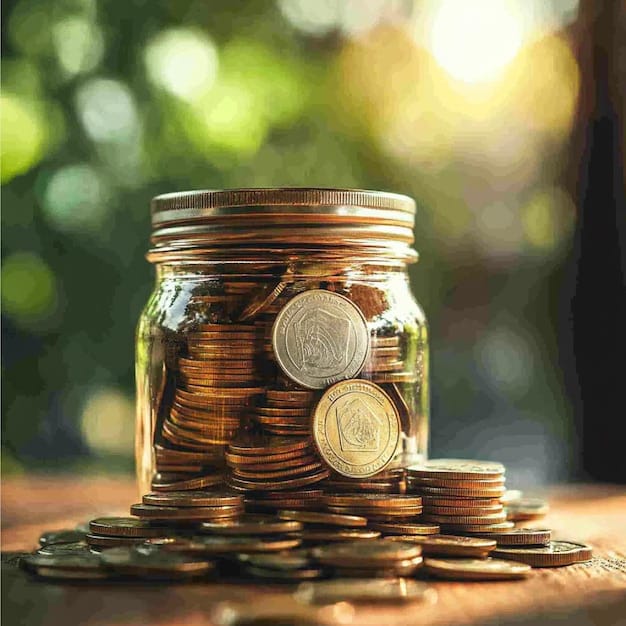 A person carefully stacking gold coins into a glass jar labeled 