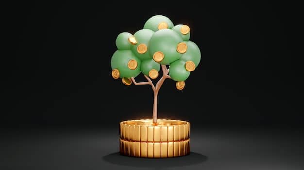 Visual representation of wealth growth shown through a tree bearing golden coins instead of fruits, depicting the concept of compound earnings through investments.