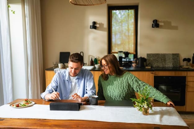 A young couple sitting at a table, reviewing documents and using a calculator to plan their family's financial future, with a focus on life insurance policies. Natural lighting and a cozy environment.