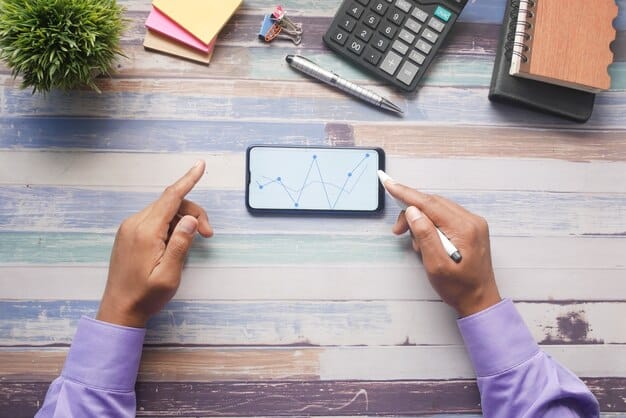 A person's hand pointing to a high credit score on a smartphone screen, with a background of various financial icons, emphasizing the benefits of a good credit rating.