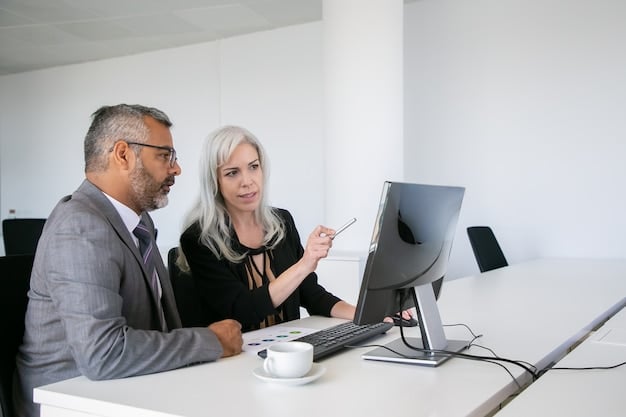 A well-lit office setting with a financial advisor explaining charts and graphs to a mature couple, conveying trust, expertise, and financial security in estate planning.