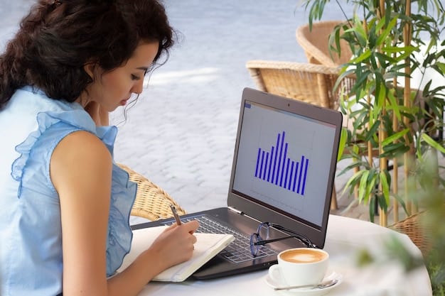 A person using a laptop, researching salary data on a website showcasing graphs and charts. There are sticky notes with keywords such as 