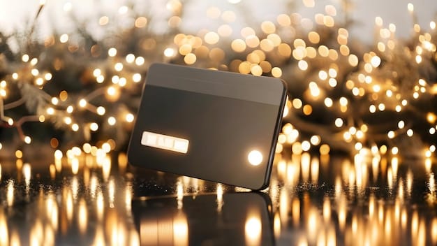A close-up of a gold credit card with reward points icons floating around it. The background is blurry and shows a person shopping online.