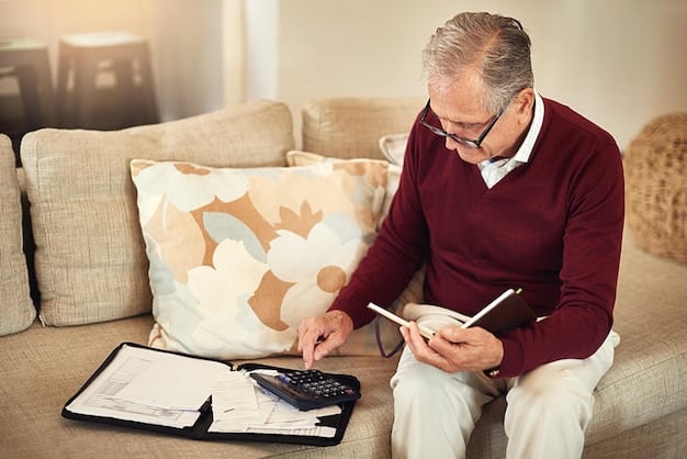 Man using a calculator to analyze retirement savings projections at home, with financial documents and coffee on the table
