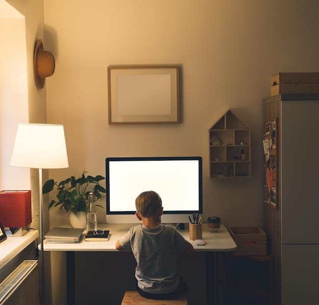 A person sitting at a desk at home, focused on a laptop screen. The screen shows a stock market analysis tool with charts, data tables, and watchlist. In the background, a cozy, organized home office environment is visible, promoting the idea of easy access to financial markets from anywhere.
