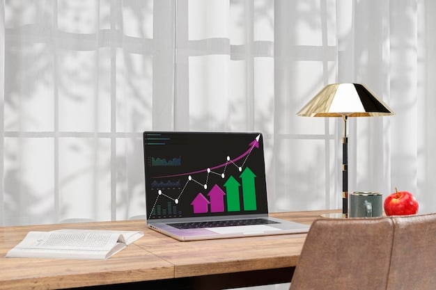 A graph showing the performance of real estate investments over time, with an upward trend. The graph is displayed on a laptop screen in a modern office setting.