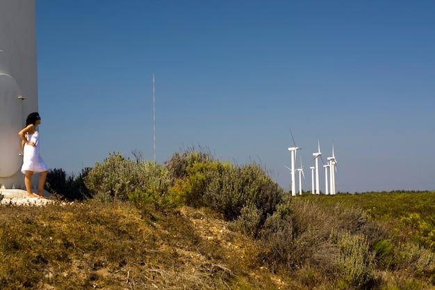 Wind turbines in a wind farm in Portugal, set against a blue sky. The image should represent renewable energy and sustainable investment .
